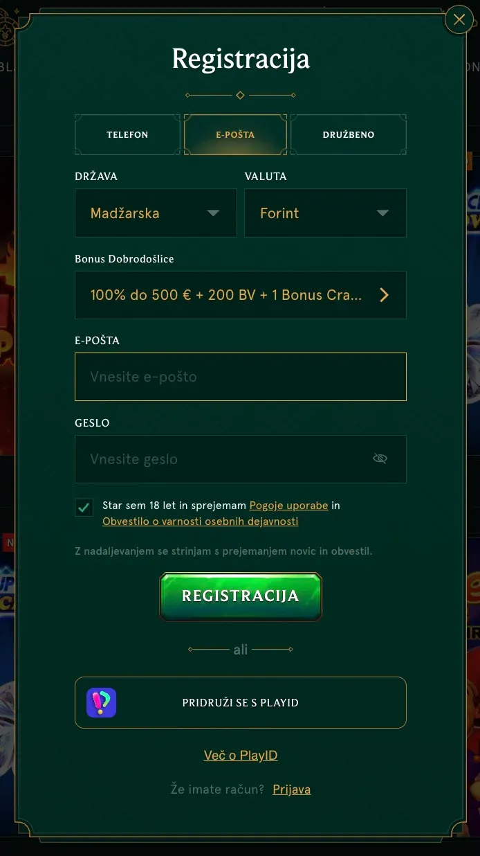 Prijava v igralnico Casinia